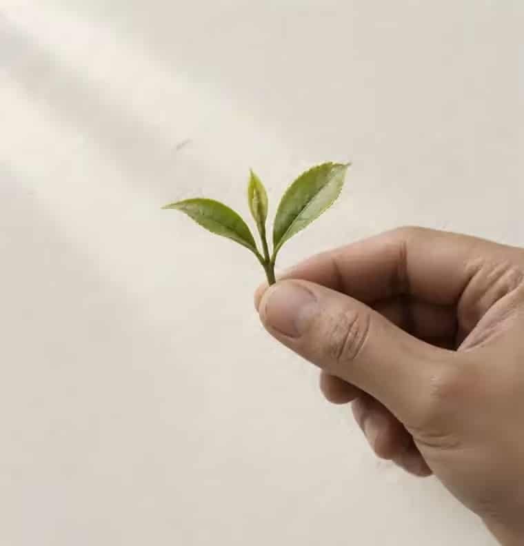 A hand holding a fresh tea pluck: two leaves and a bud