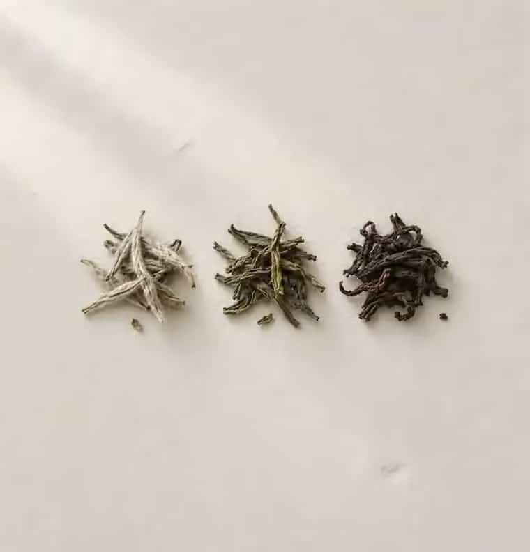 Three small heaps of white, green and black tea